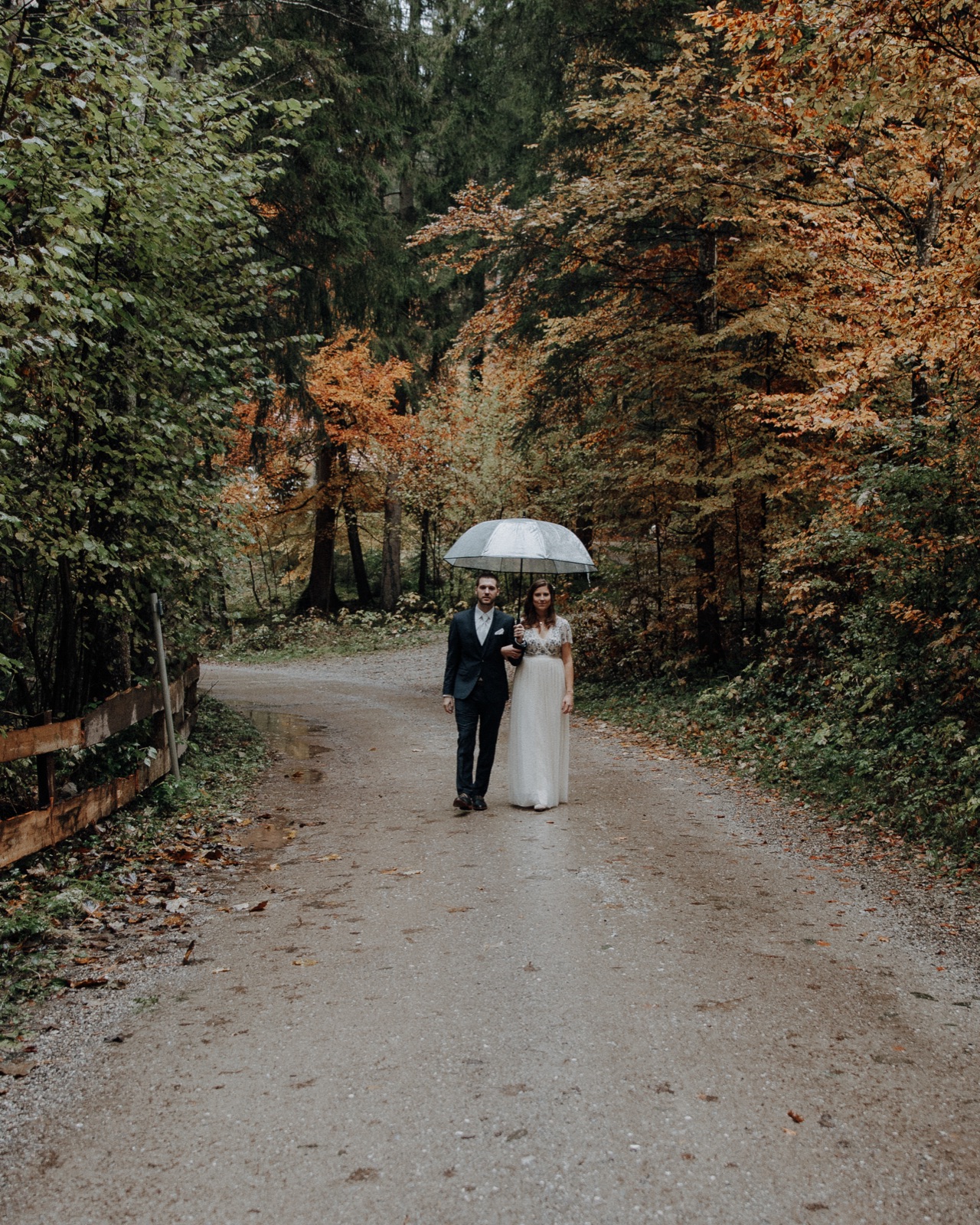 Brautpaar geht gemeinsam mit Schirm einen herbstlichen Waldweg entlang